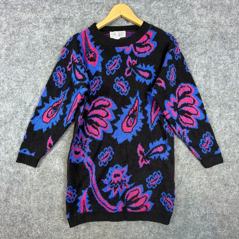 Vintage GAS Co Sweater Womens Black Pink Blue Paisley 80s 90s Floral Knit Long